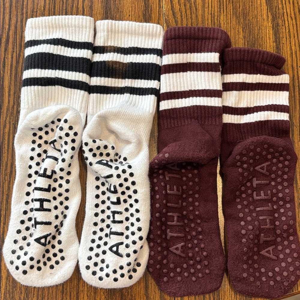 Athleta Striped Grip Socks - White and Burgundy
